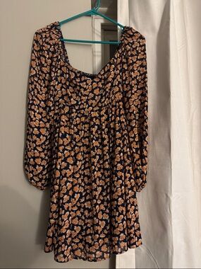 Abercrombie & Fitch Navy Dress with Tan Floral Print - Long Sleeve